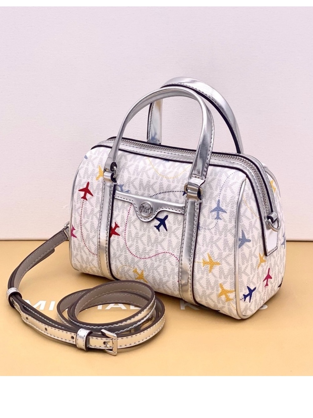 Michael Kors SM Satchel Crossbody Bag MK White Multi
